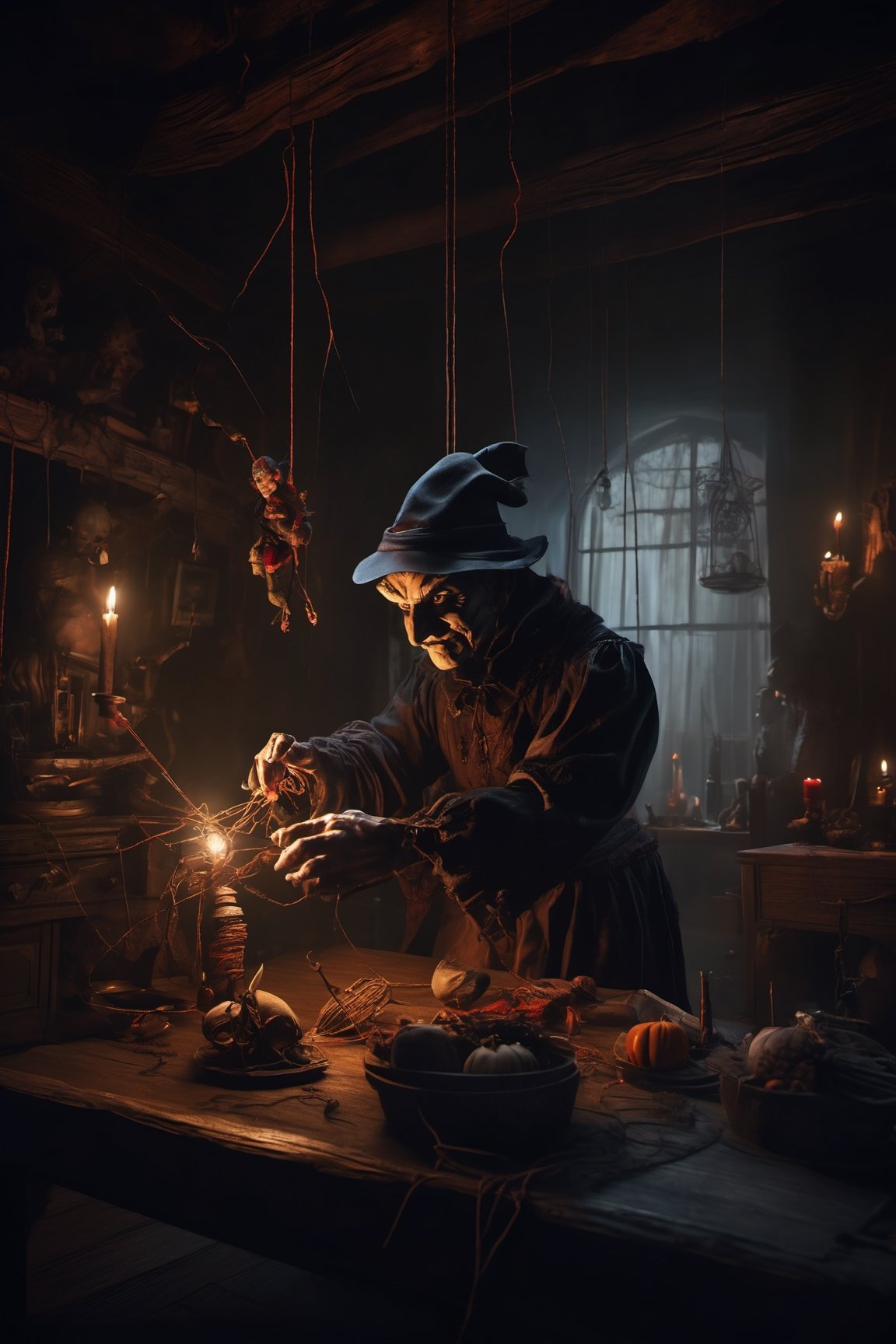 Craft an image of a puppetmaster whose creations have come to life,  their strings controlled by a sinister figure lurking...