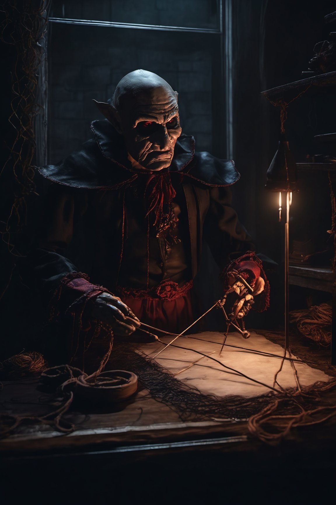 Craft an image of a puppetmaster whose creations have come to life,  their strings controlled by a sinister figure lurking...