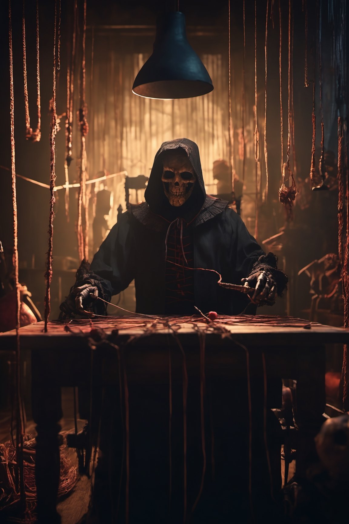 Craft an image of a puppetmaster whose creations have come to life,  their strings controlled by a sinister figure lurking...