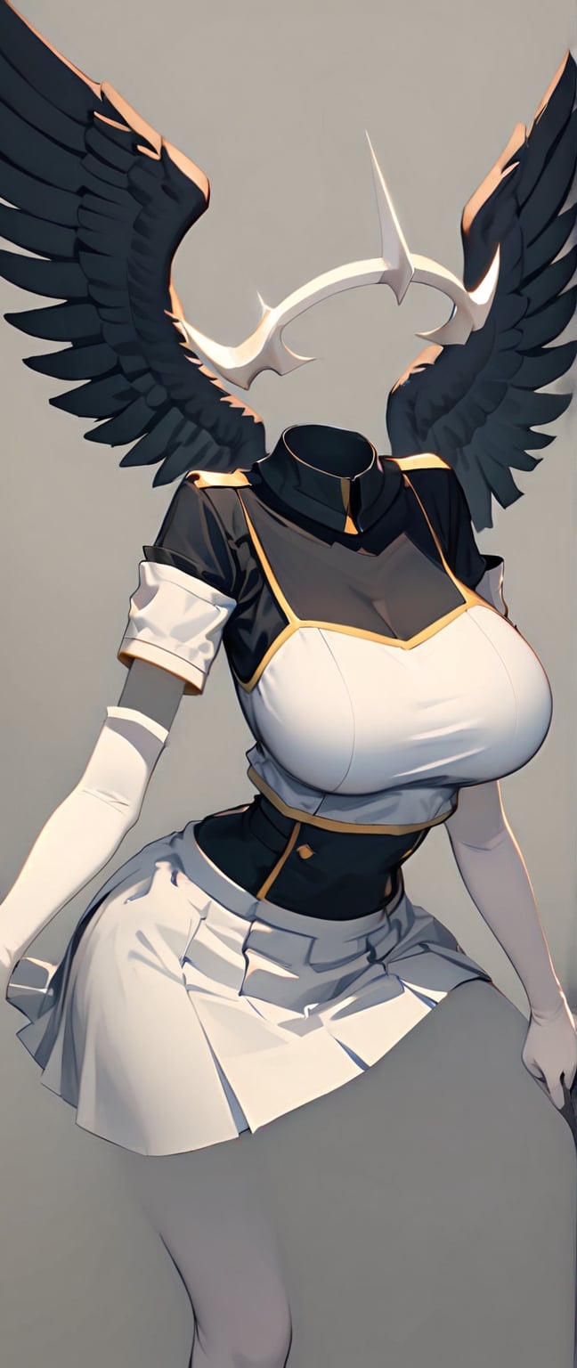 nobody,alone,horn,Albedo (Overlord),wing,Big breasts,skirt,Hip vents,black wing,white Gloves,Gloves,white skirt,hair between eyes,yellow eyes,feathered wing,demon horn,feather,slit pupil,split collar,black feather,Cowboy shooting,elbow Gloves,white horn,permanent,demon wing,