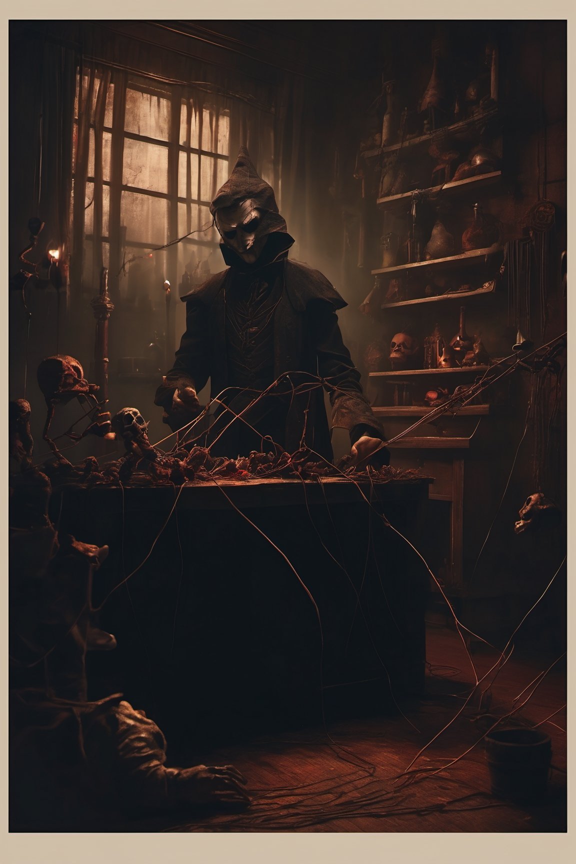 Craft an image of a puppetmaster whose creations have come to life,  their strings controlled by a sinister figure lurking...