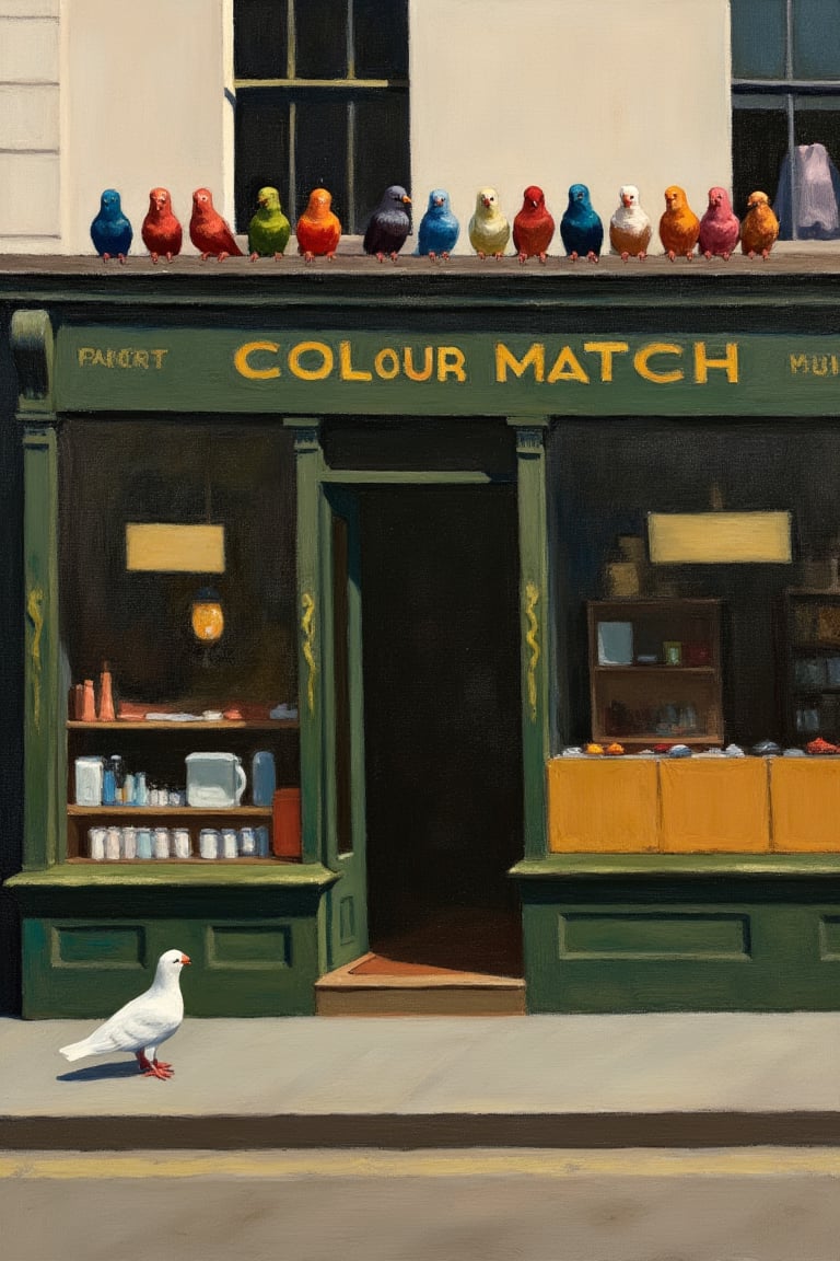 An EdwardH0pp3r style oil on canvas depicting a row of colorful birds perched on a guttering above a paint supply shop called "Colour Match". A pure white albino pigeon looks up at the birds