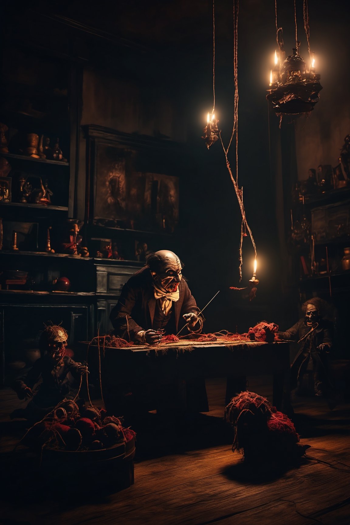 Craft an image of a puppetmaster whose creations have come to life,  their strings controlled by a sinister figure lurking...