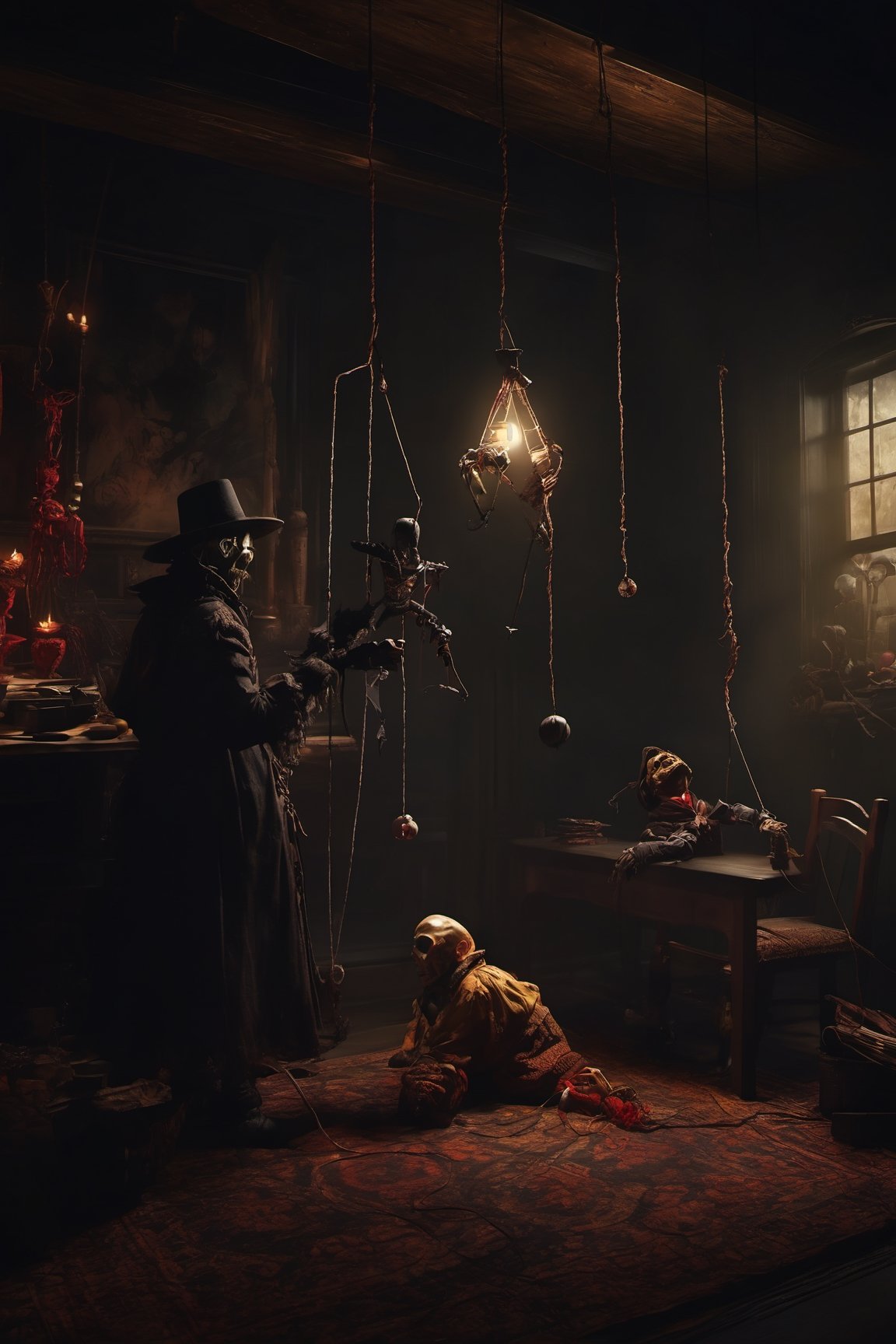 Craft an image of a puppetmaster whose creations have come to life,  their strings controlled by a sinister figure lurking...