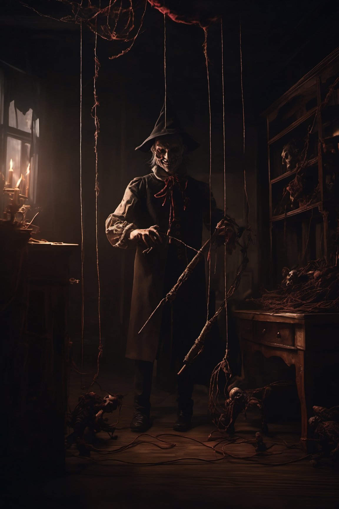 Craft an image of a puppetmaster whose creations have come to life,  their strings controlled by a sinister figure lurking...