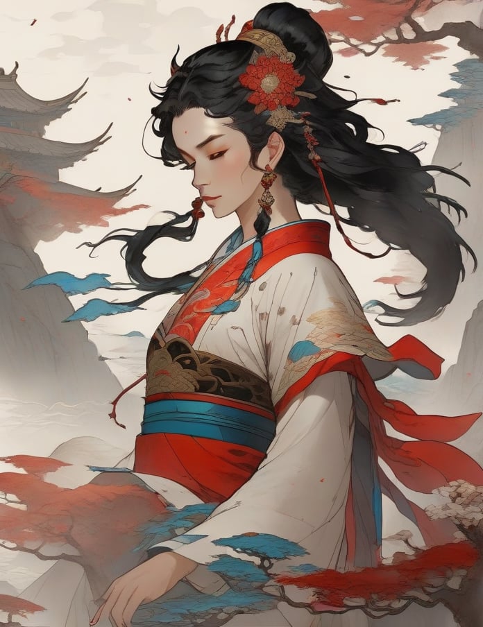 1girl, solo, hair ornament, bug, braid, jewelry, long hair, black hair, flower, chinese clothes, earrings, upper body, long sleeves, from side, dress
,mythical clouds