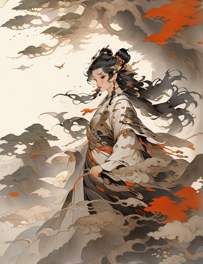 1girl, solo, hair ornament, bug, braid, jewelry, long hair, black hair, flower, chinese clothes, earrings, upper body, long sleeves, from side, dress
,mythical clouds