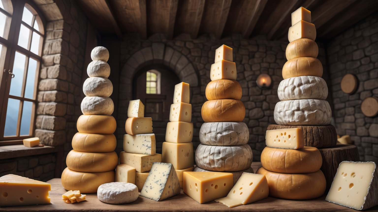 Cheese, lots of cheese, cheese tower, lots of big cheese, dreamy cute background, dynamic angle