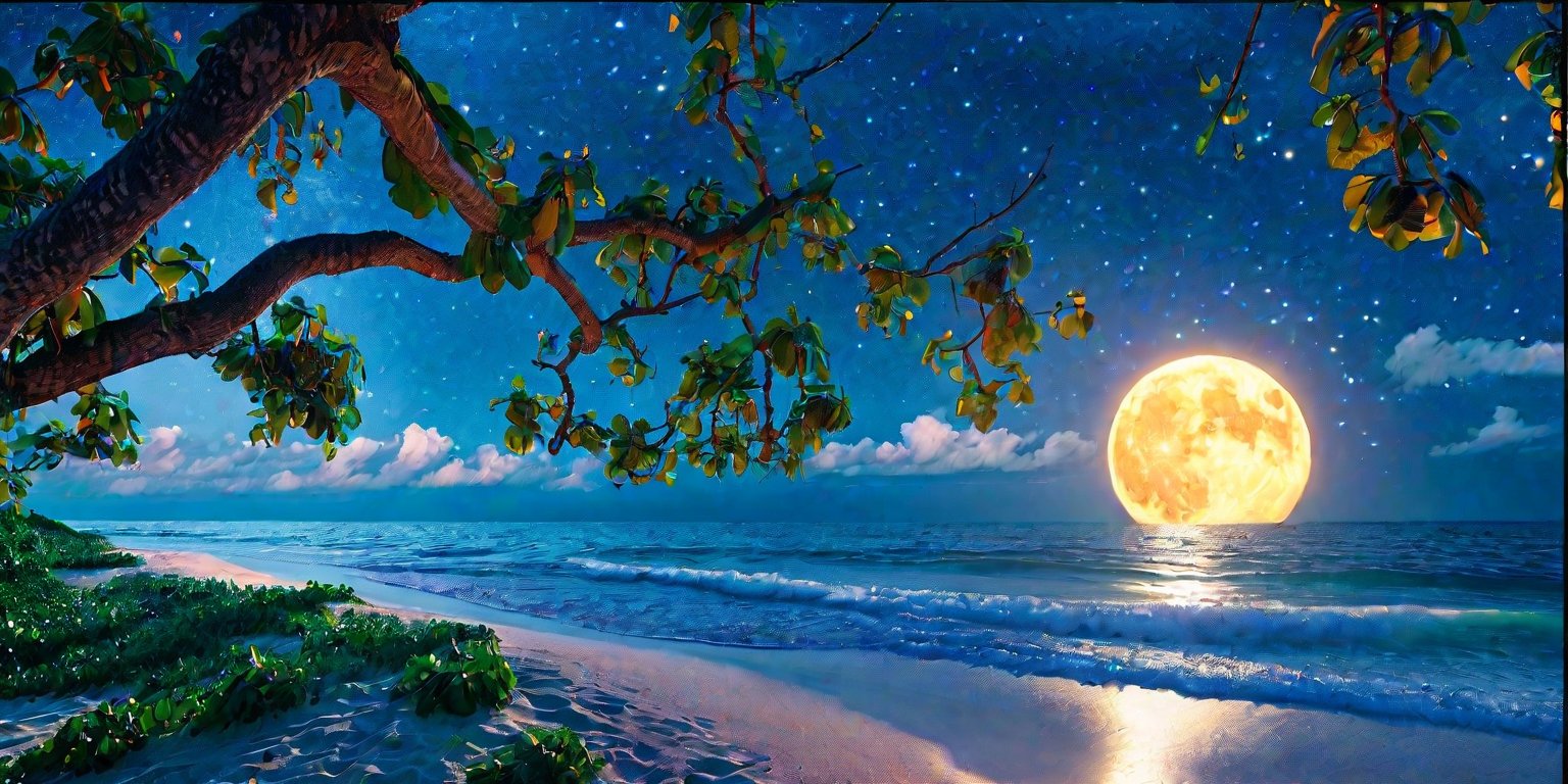 The moon casts a silvery glow upon the calm sea. Gentle waves lap at the shore,  a soothing melody. Beneath a blanket of s...