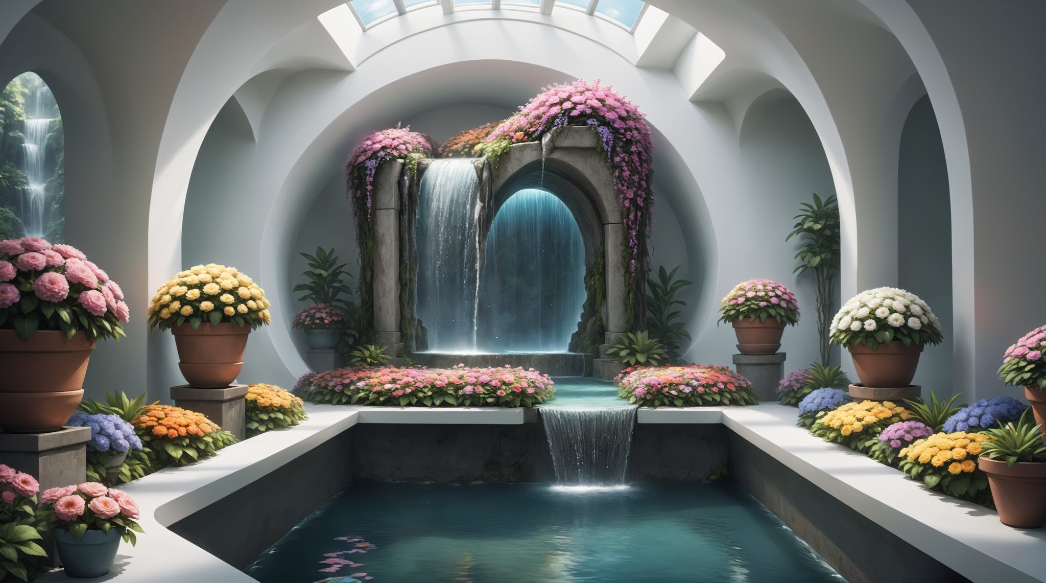 anime illustration, (enclosed futuristic space, white walls, interior, many flowerpots with colorful flowers, water garden), Flowers in capsules, small waterfalls, fountains,(no human)