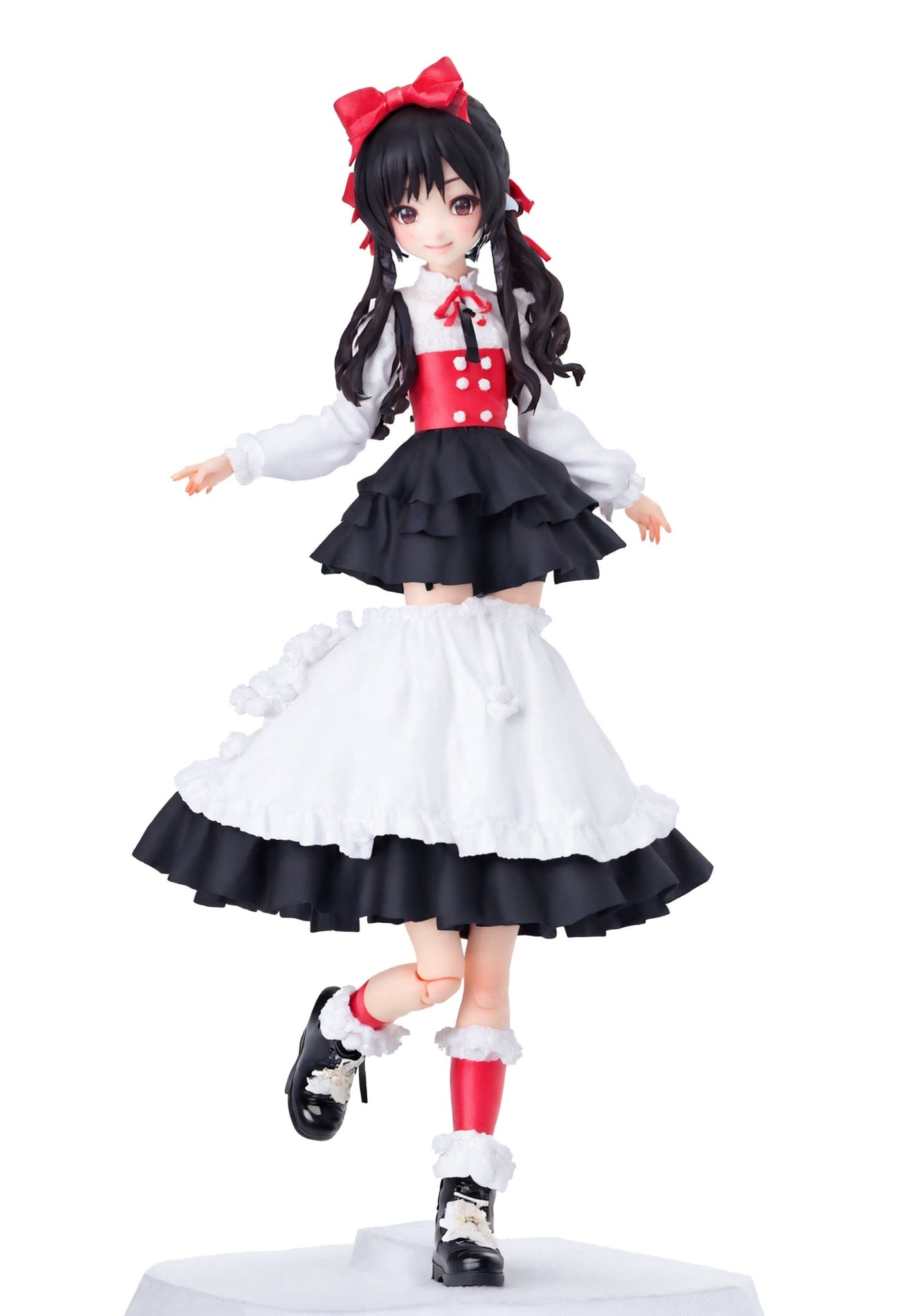 Chibi,3D Figure,1girl, solo, long hair, looking at viewer, bangs, skirt, simple background, shirt, black hair, long sleeves, white background, dress, bow, ribbon, standing, full body, hair bow, boots, frills, socks, black footwear, ((full body)), BREAK, looking at viewer, knee,  warm smile,3D MODEL, full body, chibi,cute, (white pure background), white theme, simple backgroup, ,figma