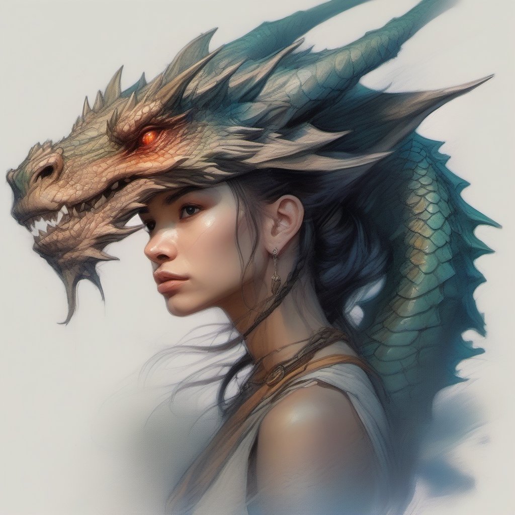 a detailed (tattoo design) of a dragon head, front view, on white paper, head facing out, fierce dragon, intricate details, angry, beautiful shading, dragon mouth is open, photorealistic, creative, symmetrical, colorful, on the back of a female,  reimagined as digital art by Tran Nguyen Jeremy Mann Frank Frazetta Carne Griffiths WLOP, Intricate, Complex contrast, HDR, Sharp, soft Cinematic Volumetric lighting, stylized colours, perfect fantasy art masterpiece