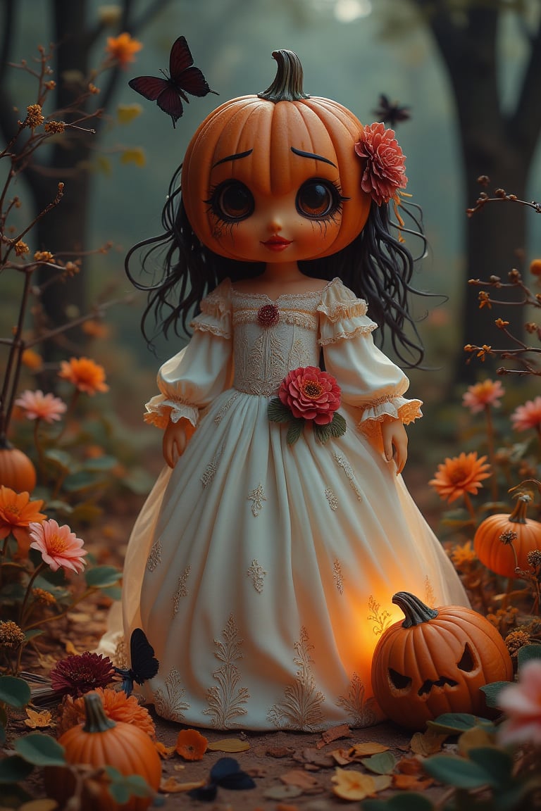 The artwork conjures a vision of a ghostly pumpkin bride,  her visage marked by black tears and a tattered bridal gown. Th...