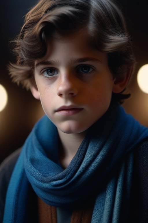 photo, rule of thirds, dramatic lighting, medium hair, detailed face, detailed nose, boy wearing dark robe, freckles, smirk, mistery background, realism, realistic, raw, analog, 1boy, portrait, photorealistic, analog, realism, black hair, brown eyes, beautyful face, 8k uhd, dslr, high quality, high resolution, 4k, 8k, Bokeh, absurdres, (realistic:1.3), blue scarf, portrait of a teen boy, 11 years old, shy, introvert, short straight black hair, loose outfit, high resolution, photorealistic, photo, realism, sharp photography, a photograph of, maximum detail, sharp focus, intricate details, ultra - realistic, cinematic lighting, volumetric lighting, photography, beautiful details, cinematic lighting, render, 8k, Portra 800 medium format film, 105mm SMC Takumar, 3200 dpi scan, mist, octane render, unreal engine, 8k, photorealistic, digital, detailed, extra fine details, award photo quality, photorealism, 8k, uhd, unreal engine, octane, highly realistic resolution uhd 8k octane,