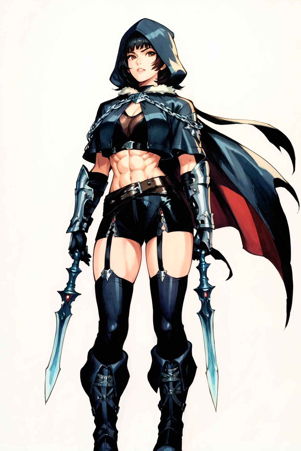 score_9, score_8_up, score_7_up, score_6_up, score_9, score_8_up, score_7_up, score_6_up, solo, 1girl, female focus, belt, black hood, cape, armor, gauntlets, cloak, traditional media, graphite,sk3tch,sketch, sketch style, fine line drawing,Hood, black Cape, Belt, Armor, Cloak,Gauntlets, abs, Boots,red Eyes, Chains, Glowing,janedoeSDXL