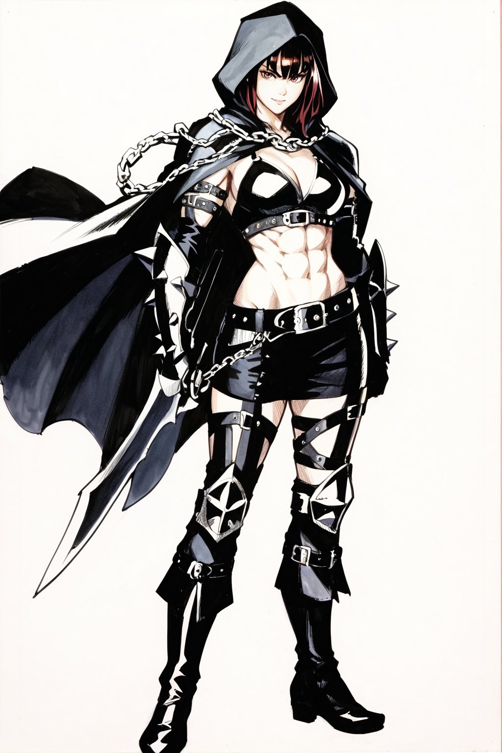 score_9, score_8_up, score_7_up, score_6_up, score_9, score_8_up, score_7_up, score_6_up, solo, 1girl, female focus, belt, black hood, cape, armor, gauntlets, cloak, traditional media, graphite,sk3tch,sketch, sketch style, fine line drawing,Hood, black Cape, Belt, Armor, Cloak,Gauntlets, abs, Boots,red Eyes, Chains, Glowing, grayscale, monochromatic