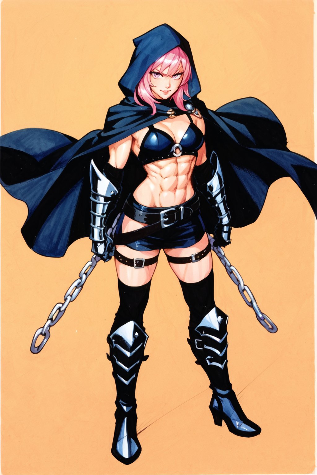 score_9, score_8_up, score_7_up, score_6_up, score_9, score_8_up, score_7_up, score_6_up, solo, 1girl, female focus, belt, black hood, cape, armor, gauntlets, cloak, traditional media, graphite,sk3tch,sketch, sketch style, fine line drawing,Hood, black Cape, Belt, Armor, Cloak,Gauntlets, abs, Boots, pink Eyes, Chains, Glowing, 