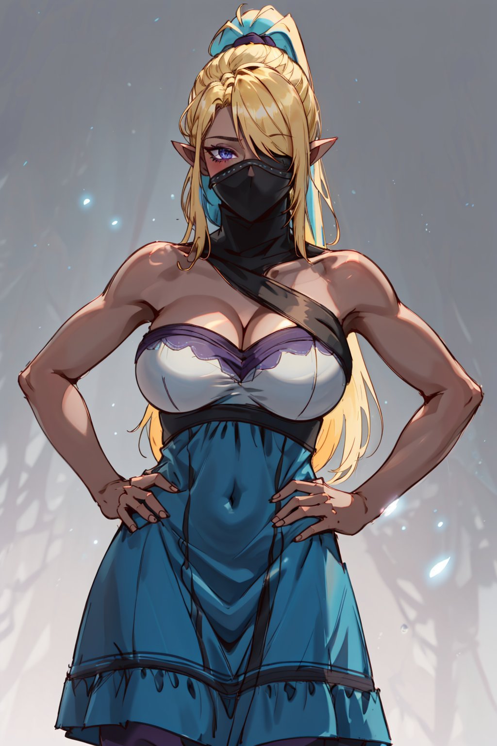 1girl, solo, long hair, breasts, looking at viewer, blush, bangs, large breasts, simple background, white background, dress, cleavage, bare shoulders, blue hair, purple eyes, cowboy shot, hair over one eye, hand on hip, covered navel, one eye covered, grey dress,  masterpiece, best quality, highres

SILHOUETTE LIGHT PARTICLES,HadairuKoseri, dark-skinned female,blue eyes, blonde hair, muscular,ponytail,pointy ears