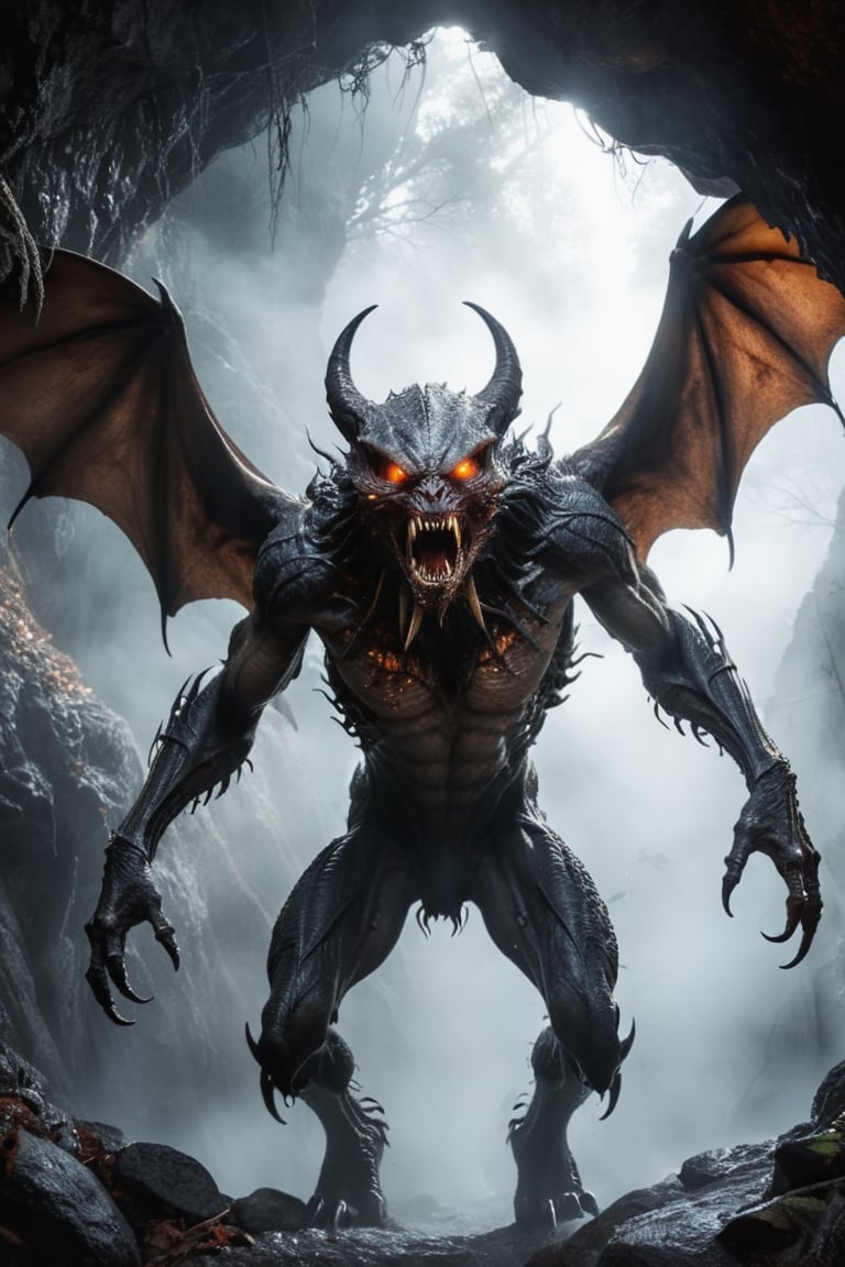 Terrifying alien creature with bat-like wings black hairy torso and long limbs,  sharp claws,  hideous face with predator...