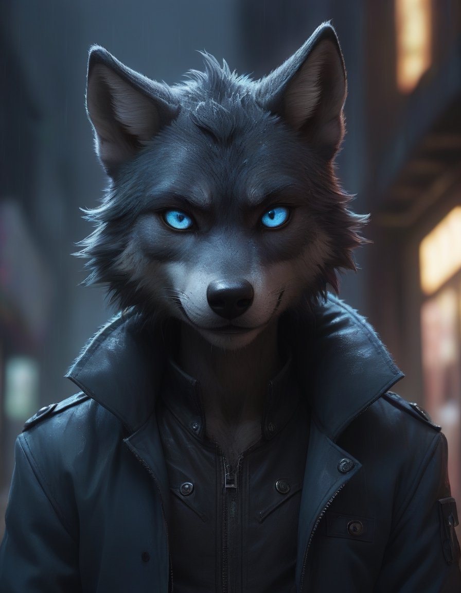 award winning beautiful portrait commission of a male furry anthro Blue wolf fursona with a tail and a cute beautiful attr...