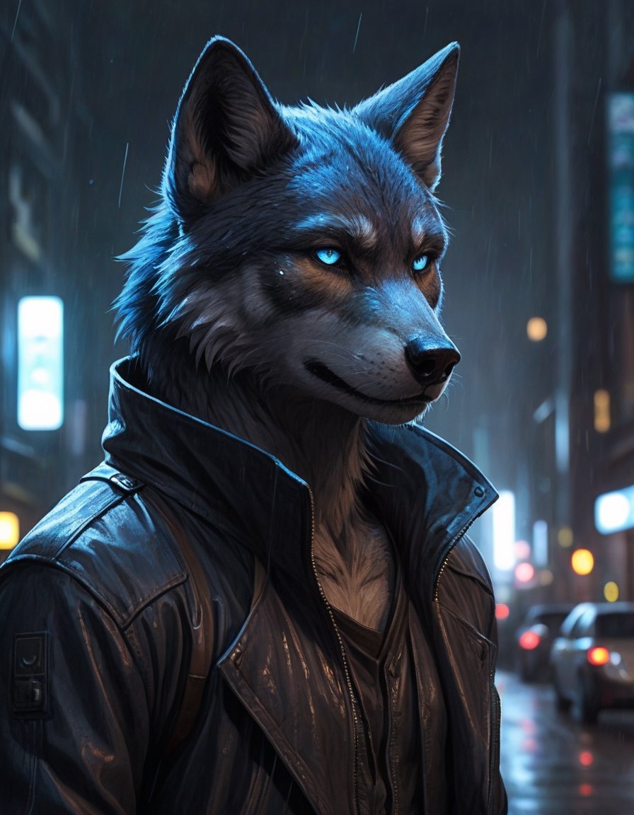 award winning beautiful portrait commission of a male furry anthro Blue wolf fursona with a tail and a cute beautiful attr...