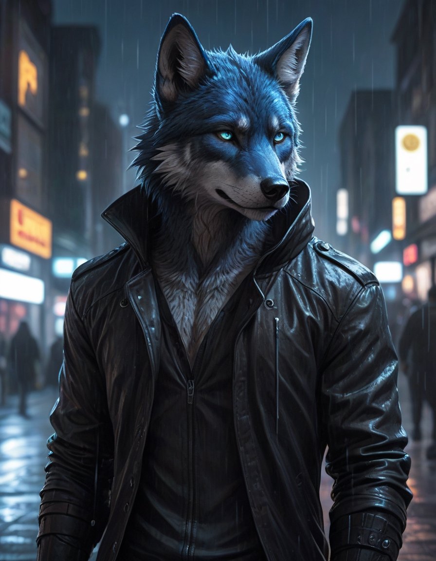 award winning beautiful portrait commission of a male furry anthro Blue wolf fursona with a tail and a cute beautiful attr...