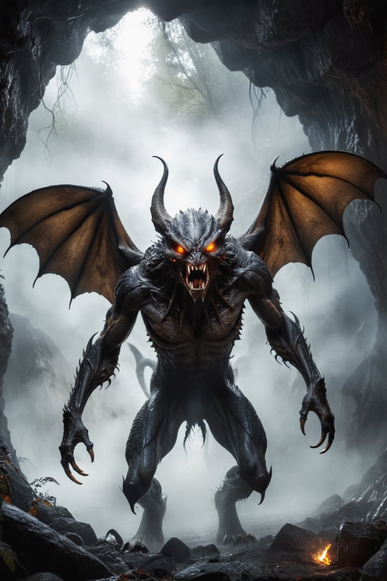 Terrifying alien creature with bat-like wings black hairy torso and long limbs,  sharp claws,  hideous face with predator...