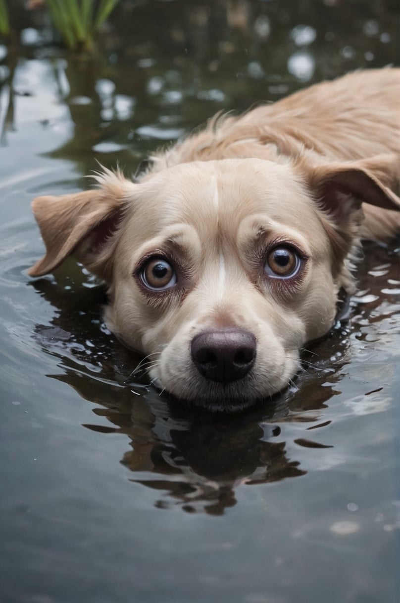 Dog inside a pond, poking its head out of the water with a frightened and distressed expression. Extreme dynamic close angle. You've got joyless eyes Softly contriving All the terrible things That shook up our hearts at night by Tim Burton and Tara McPherson.