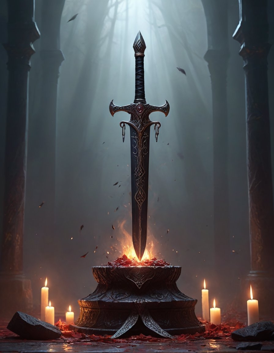 ethereal fantasy concept art of  a black sword with dark runes surrounded by shadows rests on a blood-stained sacrificial altar . magnificent, celestial, ethereal, painterly, epic, majestic, magical, fantasy art, cover art, dreamy