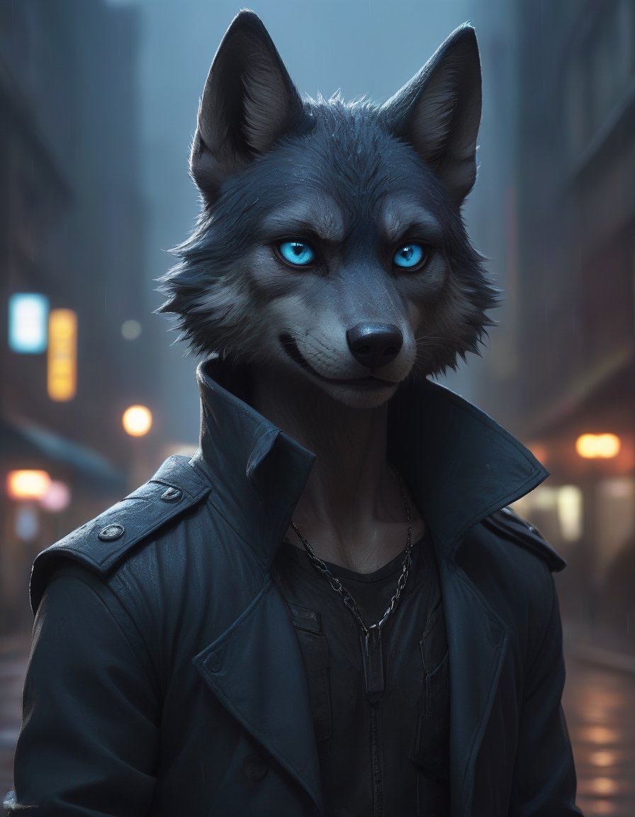 award winning beautiful portrait commission of a male furry anthro Blue wolf fursona with a tail and a cute beautiful attr...
