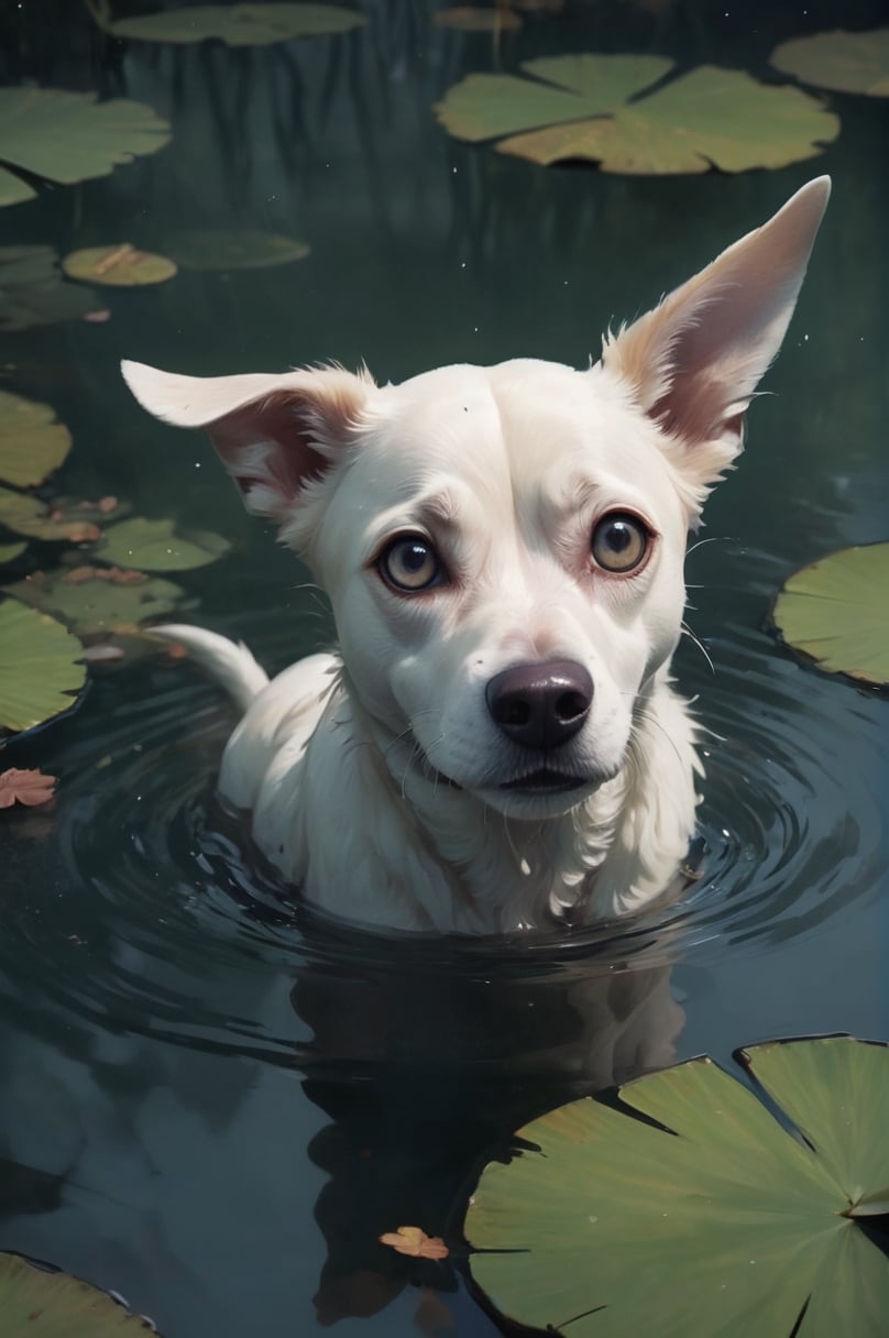 Dog inside a pond, poking its head out of the water with a frightened and distressed expression. Extreme dynamic close angle. You've got joyless eyes Softly contriving All the terrible things That shook up our hearts at night by Tim Burton and Tara McPherson.