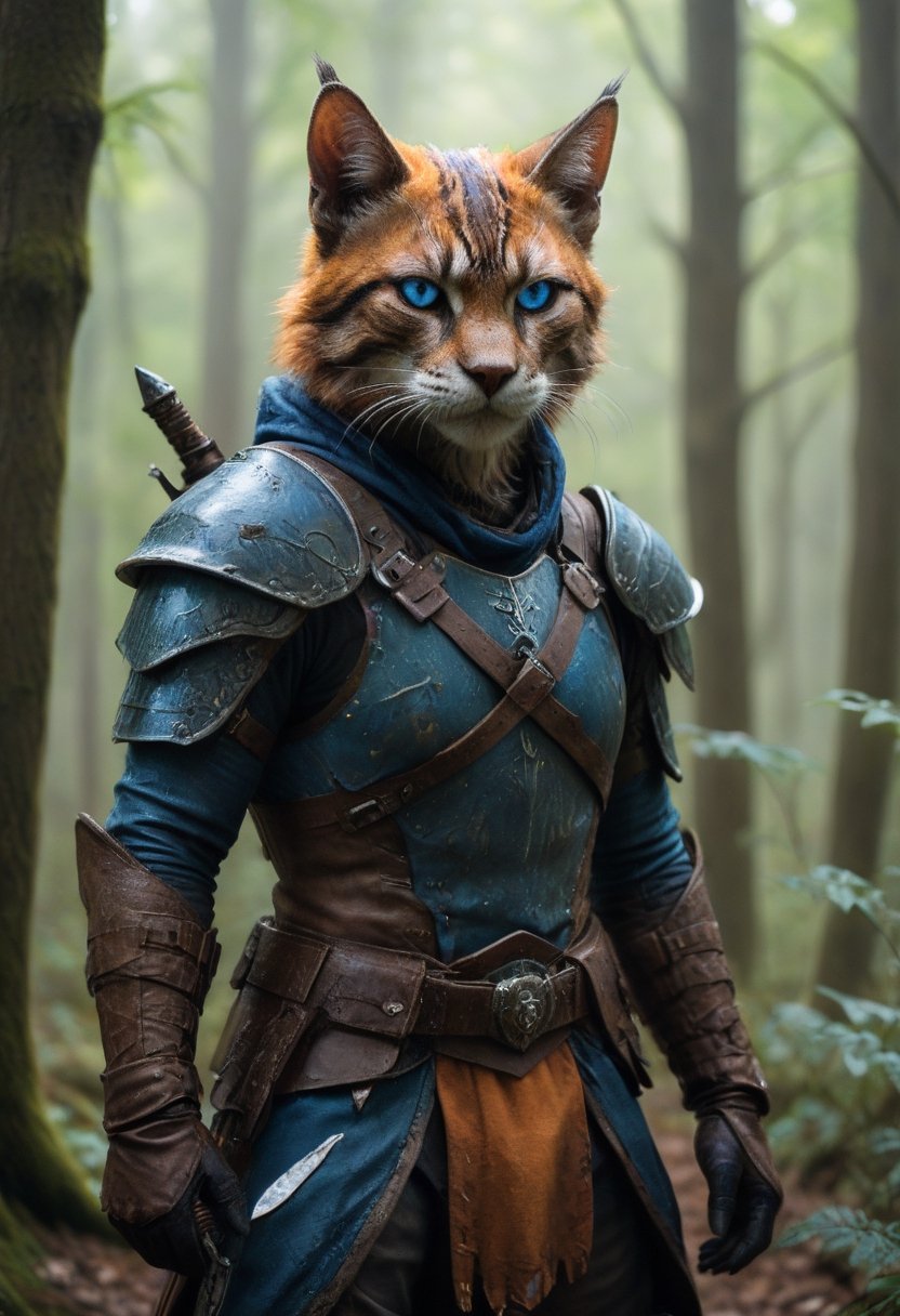 a real life,  cinematic movie production still of a D&D Tabaxi Rogue,  in a forest by Amigos on Tensor.Art