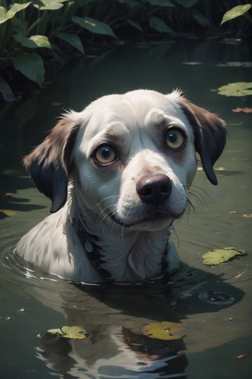 Dog inside a pond, poking its head out of the water with a frightened and distressed expression. Extreme dynamic close angle. You've got joyless eyes Softly contriving All the terrible things That shook up our hearts at night by Tim Burton and Tara McPherson.