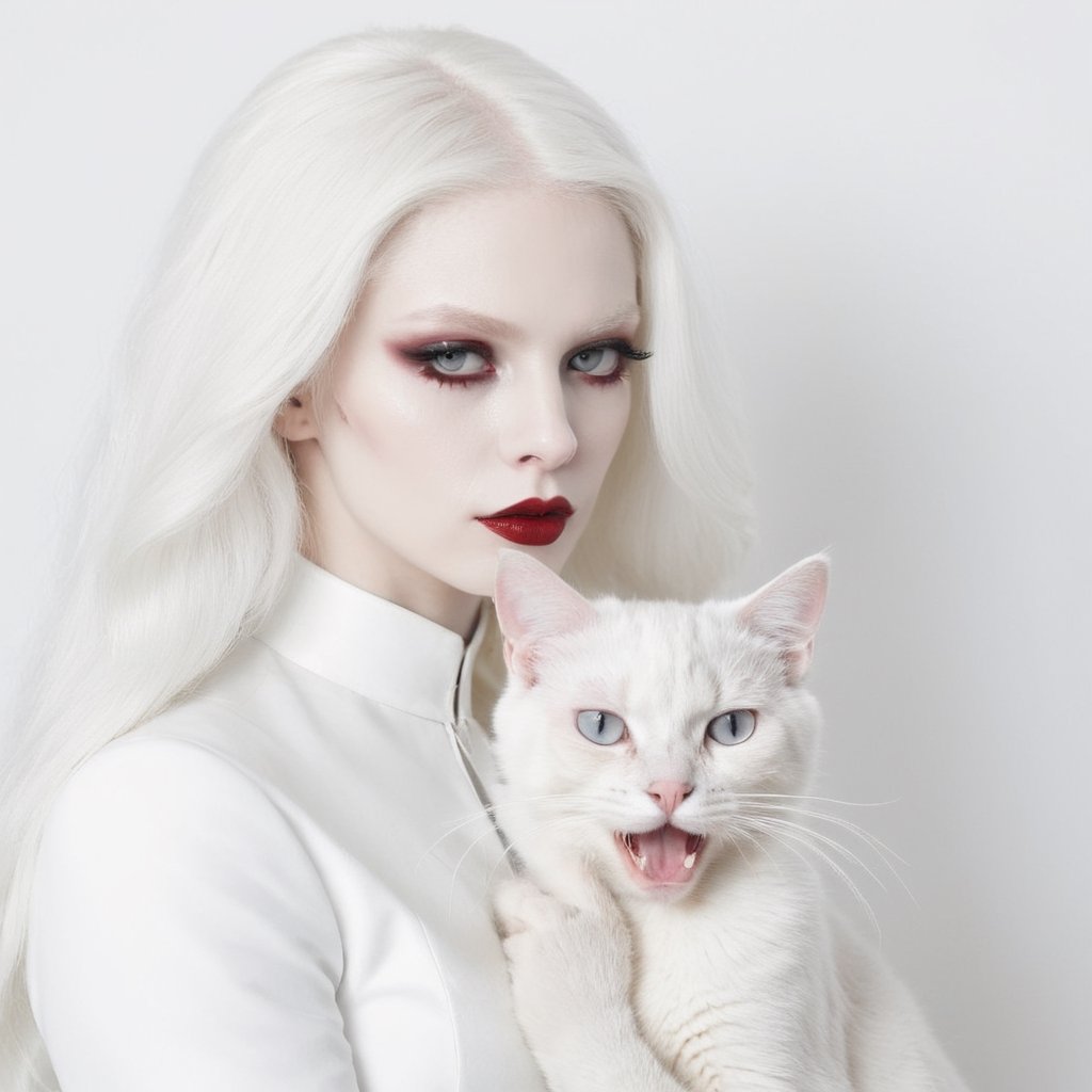 white portrait of an albino female vampire with a white cat against a white background photography by Amigos on Tensor.Art