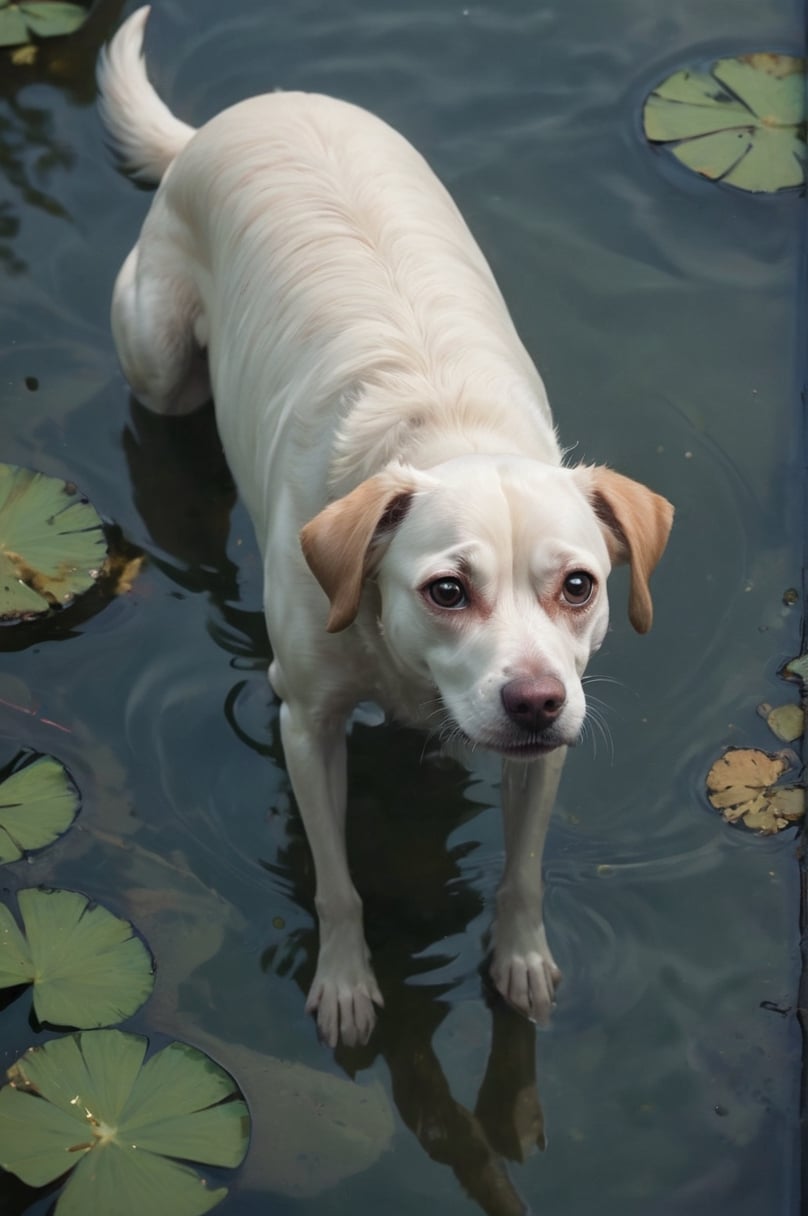 Dog inside a pond, poking its head out of the water with a frightened and distressed expression. Extreme dynamic close angle. You've got joyless eyes Softly contriving All the terrible things That shook up our hearts at night by Tim Burton and Tara McPherson.