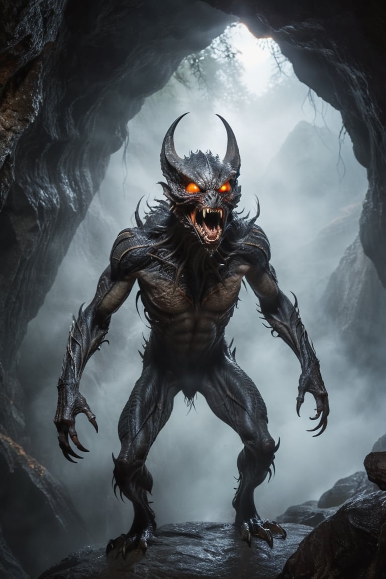 Terrifying alien creature with bat-like wings black hairy torso and long limbs,  sharp claws,  hideous face with predator...