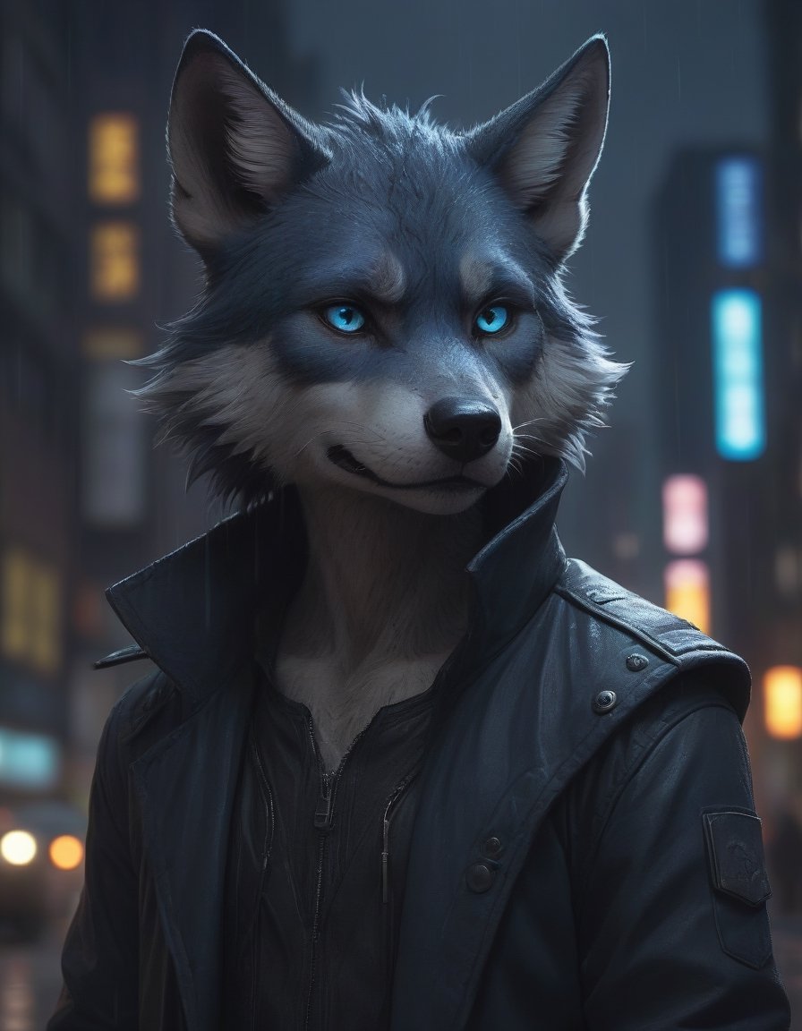 award winning beautiful portrait commission of a male furry anthro Blue wolf fursona with a tail and a cute beautiful attr...