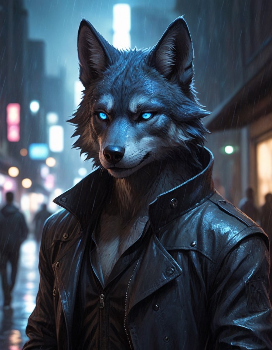 award winning beautiful portrait commission of a male furry anthro Blue wolf fursona with a tail and a cute beautiful attr...