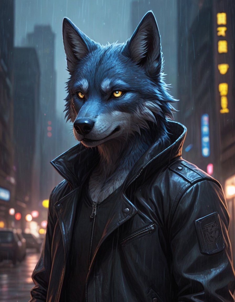 award winning beautiful portrait commission of a male furry anthro Blue wolf fursona with a tail and a cute beautiful attr...