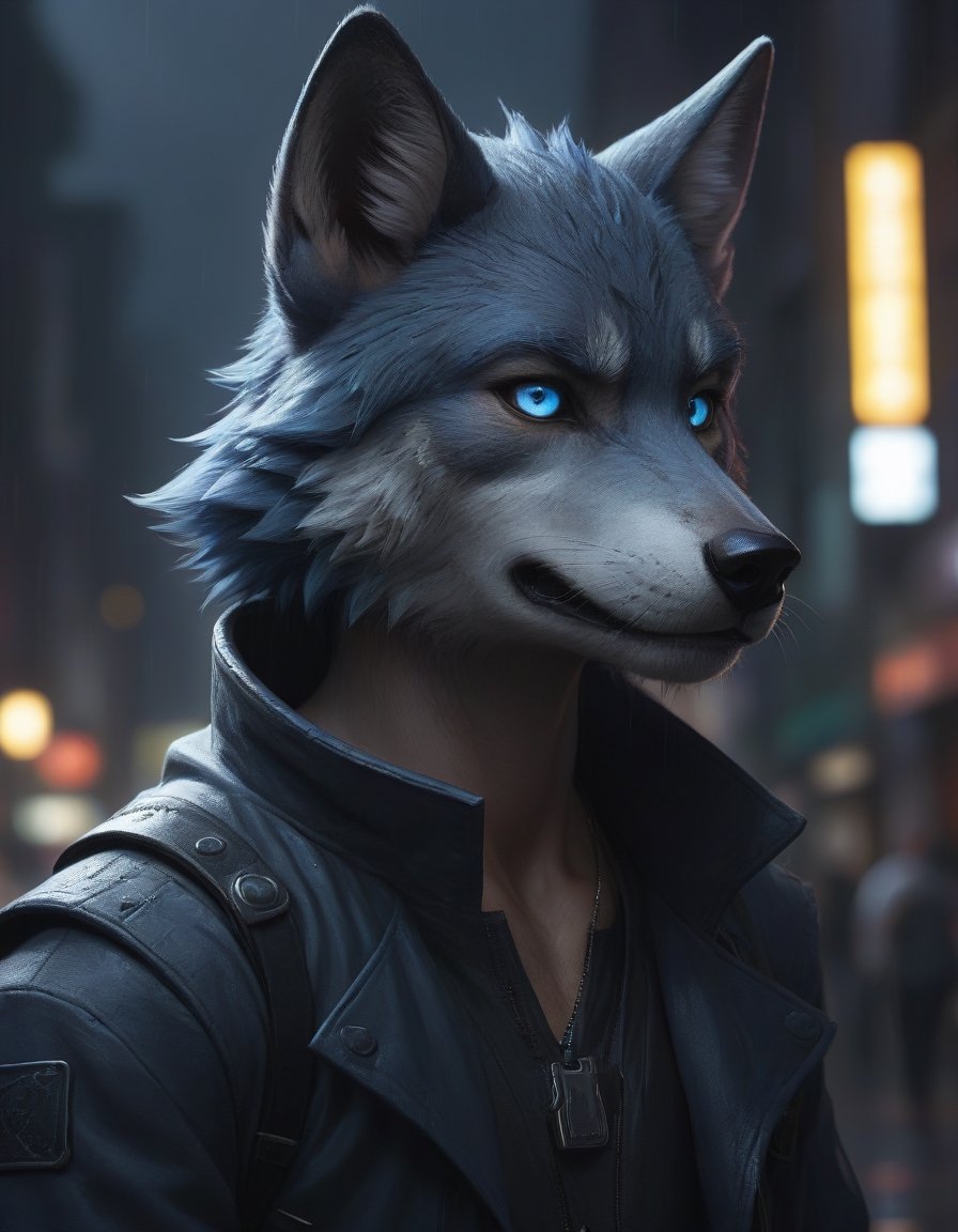 award winning beautiful portrait commission of a male furry anthro Blue wolf fursona with a tail and a cute beautiful attr...