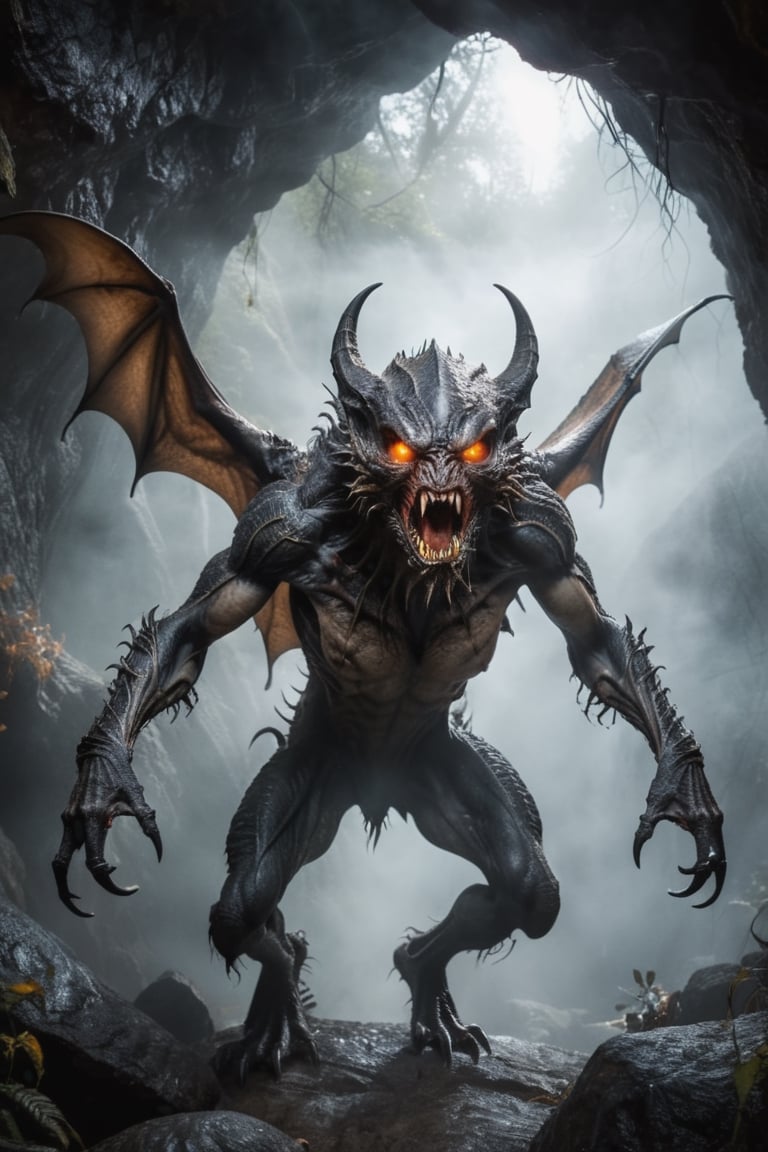Terrifying alien creature with bat-like wings black hairy torso and long limbs,  sharp claws,  hideous face with predator...