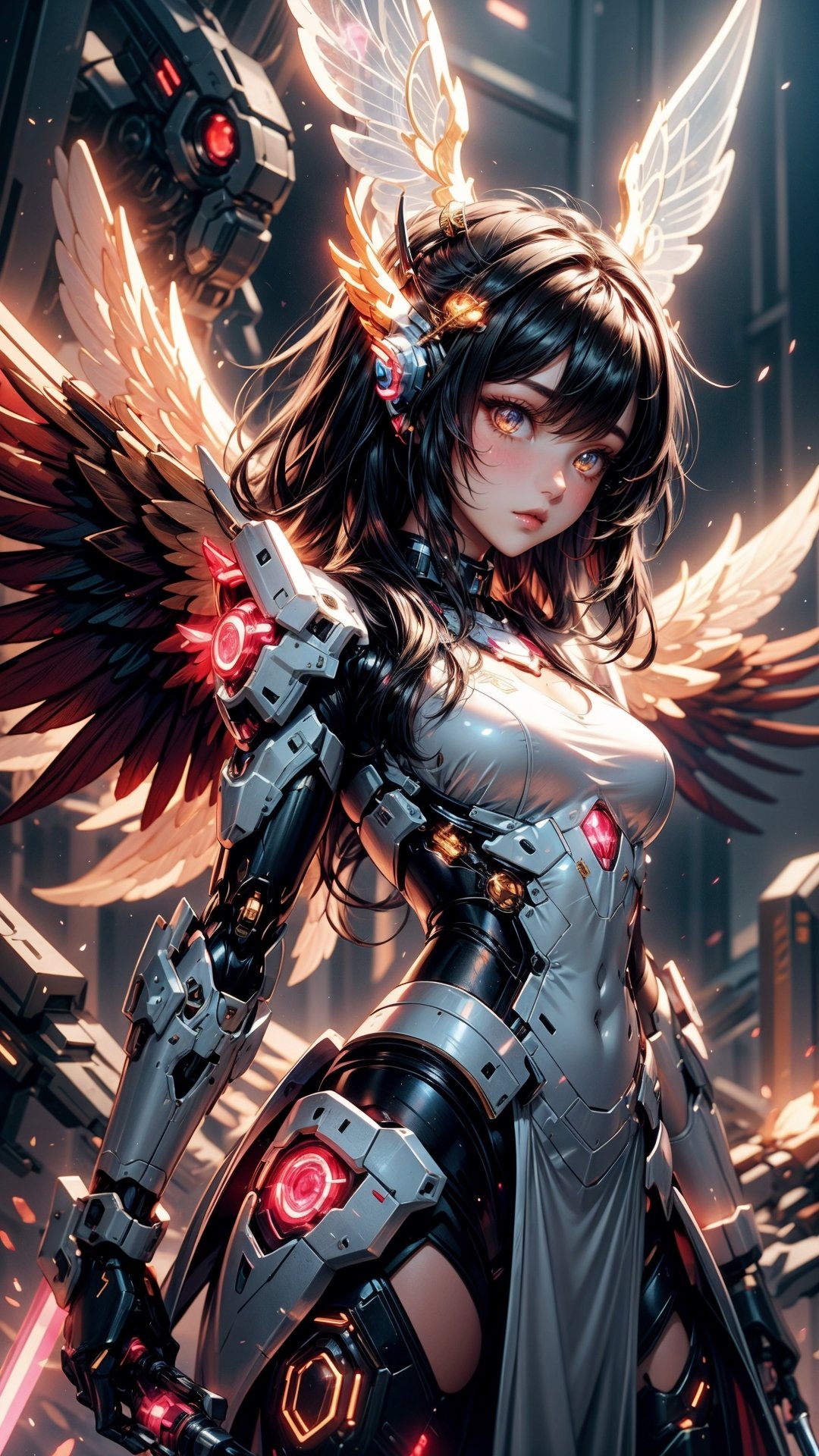 , wrenchsmechs, 1girl, glowing, black mecha, wings, halo, long hair, mechanical wings, , wrenchsfantasy, fantasy, glowing, glowing eyes, holding sword, sword,
