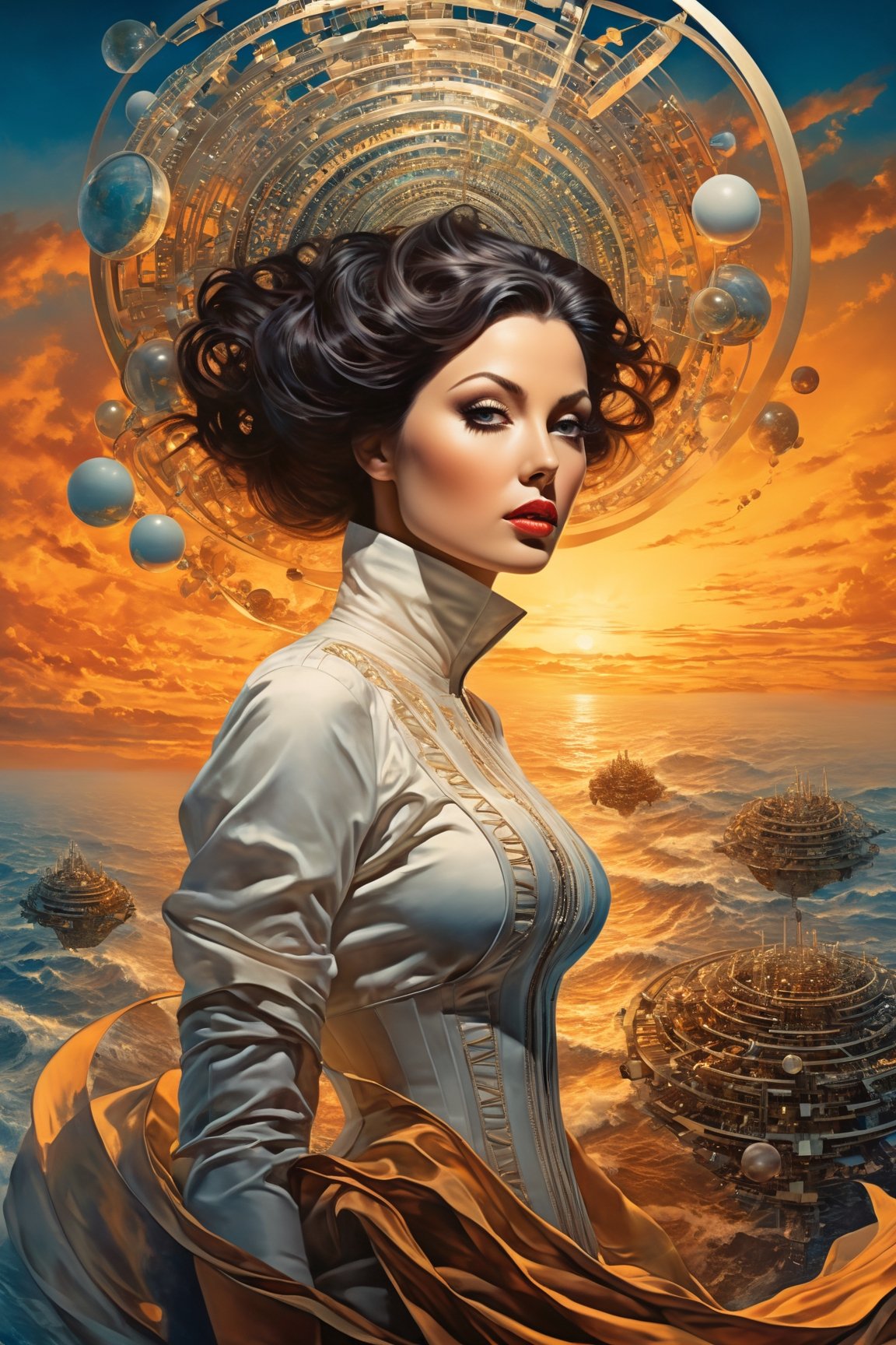 Vintage surreal Photography of a beautiful woman exploring the fabric of a genetic code, sunset, extreme wide, Imax Camera, serious. hyperactive imagination, interactive, highly detailed image. Art's Style by Clayton Crain + Stjepan Sejic + Alessandro Cappuccio.