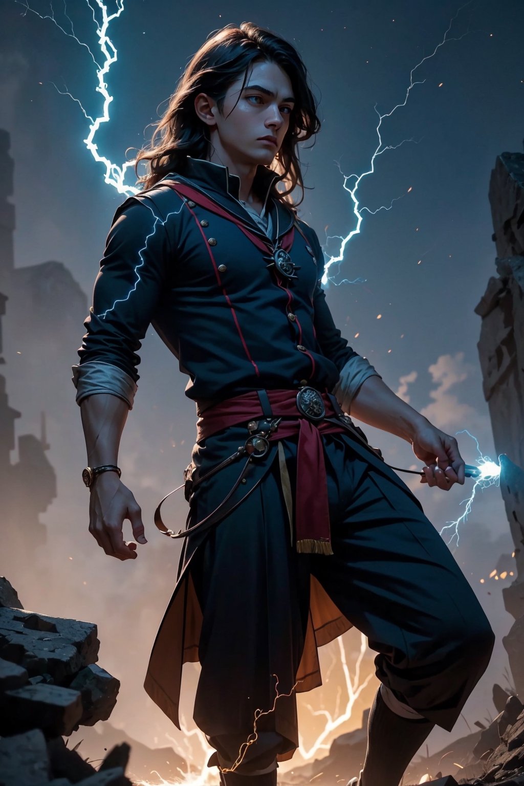 Harry Potter, 16 years old, no glasses, long black wavy hair, combed hair, detailed face, athletic body, detailed muscles, martial artist, detailed hands, martial arts pants, black pants with red and yellow details, ((blue energy around his body)), ((blue lightning around his body)), combat pose, Hogwarts School of Witchcraft and Wizardry in the background, 4k, interactive image, highly detailed, hogsweater, gryffindor, martial, Color Booster,(EnergyVeins:1.4),wrenchftmfshn