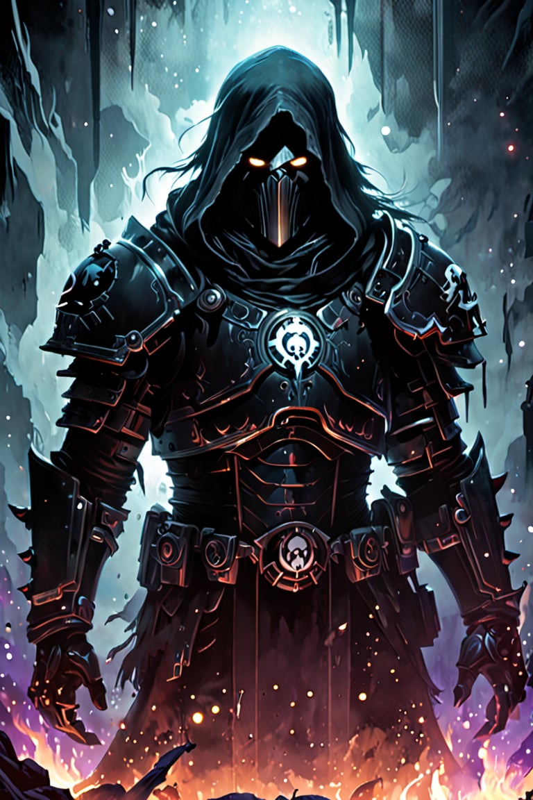 Black light and oil painting, warm foreground background, Agapito Nev ((a male, long straight black hair, shoulder-length haircut, black eyes, pale white skin, muscular build, wears black cybernetic armor with white ornaments and white lines, white raven symbol), surrounded by a cold misty night, glowing face paint with ultraviolet black light, by lois van baarle and bastien lecouffe deharme, drops of paint, dreamlike, digital painting, dynamic lighting, noir, art fantasy, stunning imaginative art, splatter art, subtle alcohol ink, mystical mist, night, shadows, magnificent and powerful, ((Space Marine, Agapito Nev is a man from the Raven Guard, XIX Legion, Warhammer 40K)), concept art, acrylic paint, cinematic lighting, bright, intricate, cool color nuances, chaotic, 16k, illustration, colorful touches, golden ratio, fake detail, trending pixiv fanbox, acrylic spatula, slawomir maniak style, pascal campion, makoto shinkai studio ghibli genshin impact james gilleard greg rutkowski chiho aoshima, fear, wonder, 2d animation 3d painting, ghost person, DonMD3m0nXL, more detail XL,