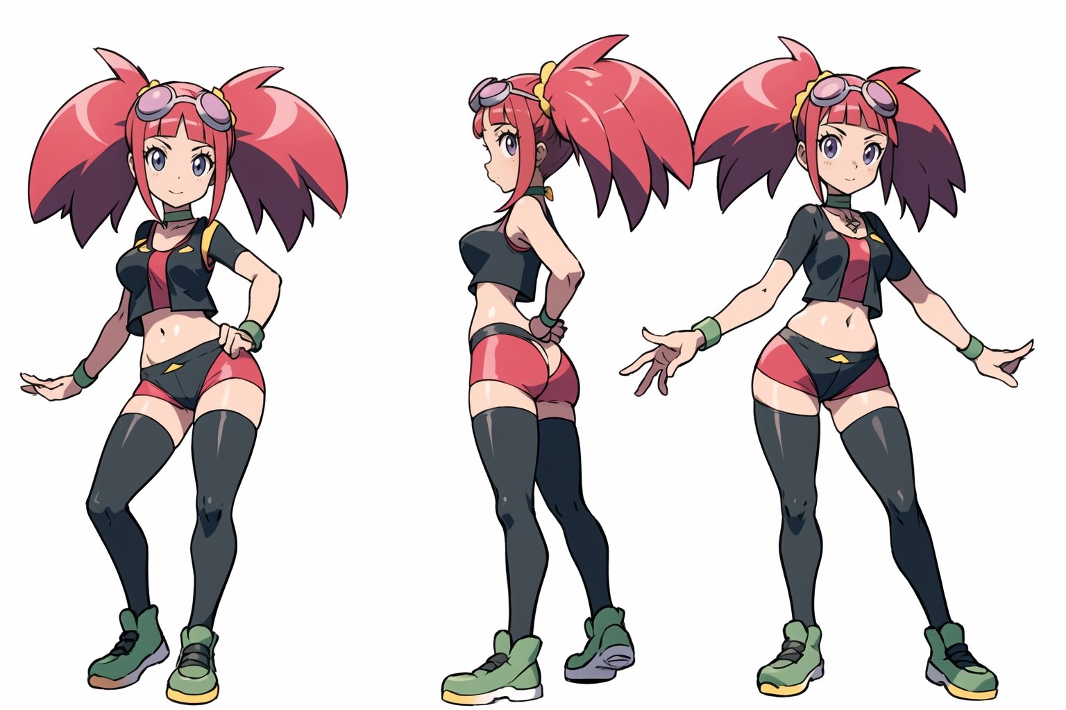 multiple views, Model sheet, masterpiece, best quality, looking at viewer, sugimori ken \(style\), {big milkers} (full body), 1girl, {{{Zoe Drake, 1girl, blush, bangs, navel, twintails, jewelry, purple eyes, pink hair, goggles, goggles on head, choker, abdomen, open clothing, thigh highs, crop top, open vest, shoes, wristband, black thighs, black crop top, yellow vest, panty stocking, vest over short top, thong, cute dinosaur plush}}}, semi-nude, mom and daughter, 1girl, {White background} <<big milkers>> SMAce, masterpiece, best quality, masterpiece, perfect hands, tight pants, thick thighs {{illustration}}, {best quality}, {{hi res}},mallow \(pokemon\)