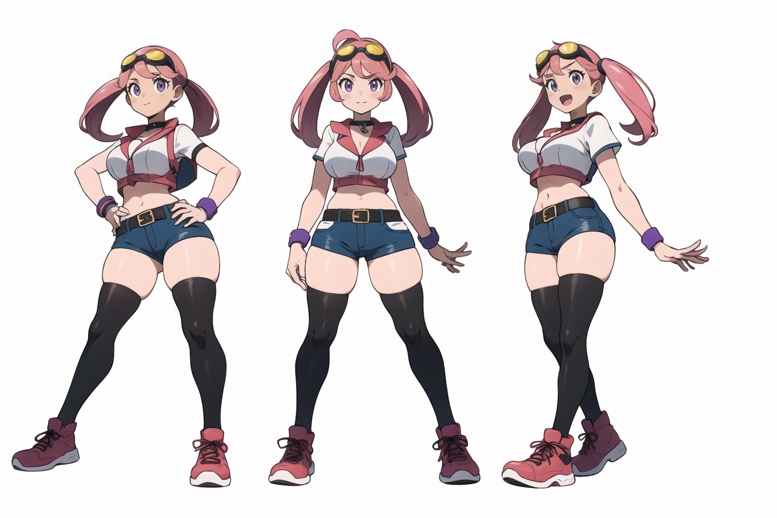 multiple views, Model sheet, masterpiece, best quality, looking at viewer, sugimori ken \(style\), {big milkers} (full body), 1girl, {{{Zoe Drake,1girl, blush, bangs, navel, twintails, jewelry, purple eyes, pink hair, goggles, goggles on head,choker, midriff, open clothes, thighhighs, crop top, open vest, shorts, shoes, belt, wristband,black thighhighs, black crop top, yellow vest, yellow shorts, green shoes, vest over crop top,  }}}, semi-nude, mom and daughter, 1girl, {White background} <<big milkers>> SMAce, masterpiece, best quality, masterpiece, perfect hands, tight pants, thick thighs {{illustration}}, {best quality}, {{hi res}},mallow \(pokemon\)