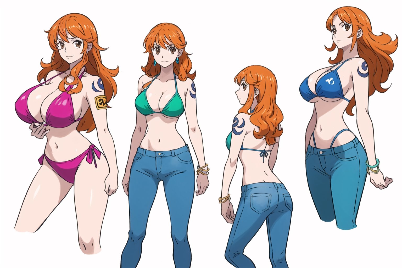 multiple views, Model sheet, masterpiece, best quality, looking at viewer, sugimori ken \(style\), {big milkers} (full body), 1girl,  {{{ nami, 1 girl, alone, long hair, breasts, big breasts, navel, holding, cleavage, brown eyes, jewelry, closed mouth, swimsuit, bikini, earrings, outdoors, abdomen, pants, stomach, orange hair, bracelet , tattoo, denim, bikini_top_only, fish, pants, underwater, railing, blue pants, armband, arm tattoo, boat, bikini_green, shoulder tattoo, post  }}}, semi-nude, mom and daughter, 1girl, {White background} <<big milkers>> SMAce, masterpiece, best quality, , masterpiece, {{illustration}}, {best quality}, {{hi res}},