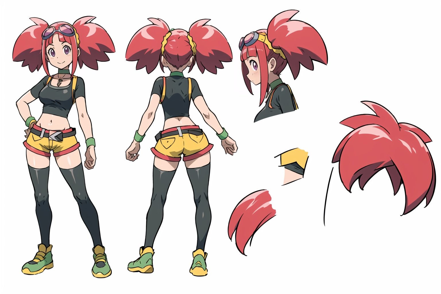 multiple views, Model sheet, masterpiece, best quality, looking at viewer, sugimori ken \(style\), {big milkers} (full body), 1girl, {{{Zoe Drake,1girl, blush, bangs, navel, twintails, jewelry, purple eyes, pink hair, goggles, goggles on head,choker, midriff, open clothes, thighhighs, crop top, open vest, shorts, shoes, belt, wristband,black thighhighs, black crop top, yellow vest, yellow shorts, green shoes, vest over crop top,  }}}, semi-nude, mom and daughter, 1girl, {White background} <<big milkers>> SMAce, masterpiece, best quality, masterpiece, perfect hands, tight pants, thick thighs {{illustration}}, {best quality}, {{hi res}},mallow \(pokemon\)