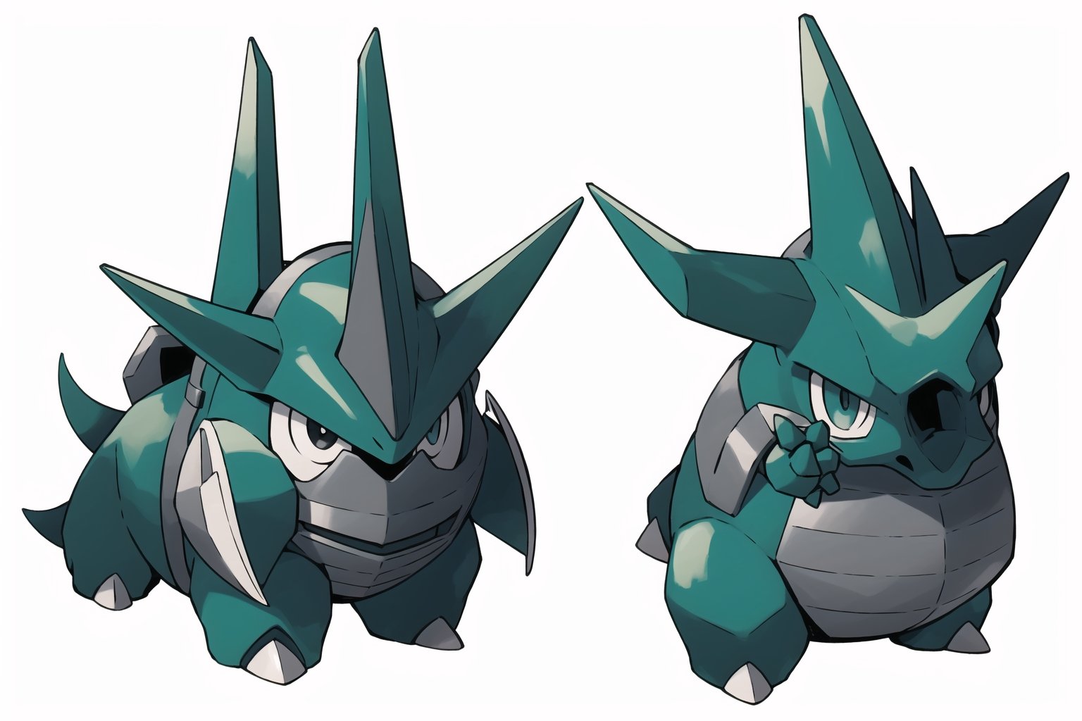 multiple views, Model sheet, masterpiece, best quality, looking at viewer, sugimori ken \(style\), {big milkers} (full body), 1girl,  {{{grey rock armor, plate armor}}}, semi-nude, mom and daughter, 1girl, {White background} <<big milkers>>Rhyhorn, Inko Midoriya,  rock rhino, Rhyhorn, Ground type, InkoMidoriya, 